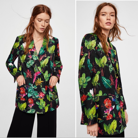 SOLD 💛 MANGO Tropical Parrot Butterfly Floral Oversized Satin Blazer XS - Picture 2 of 15